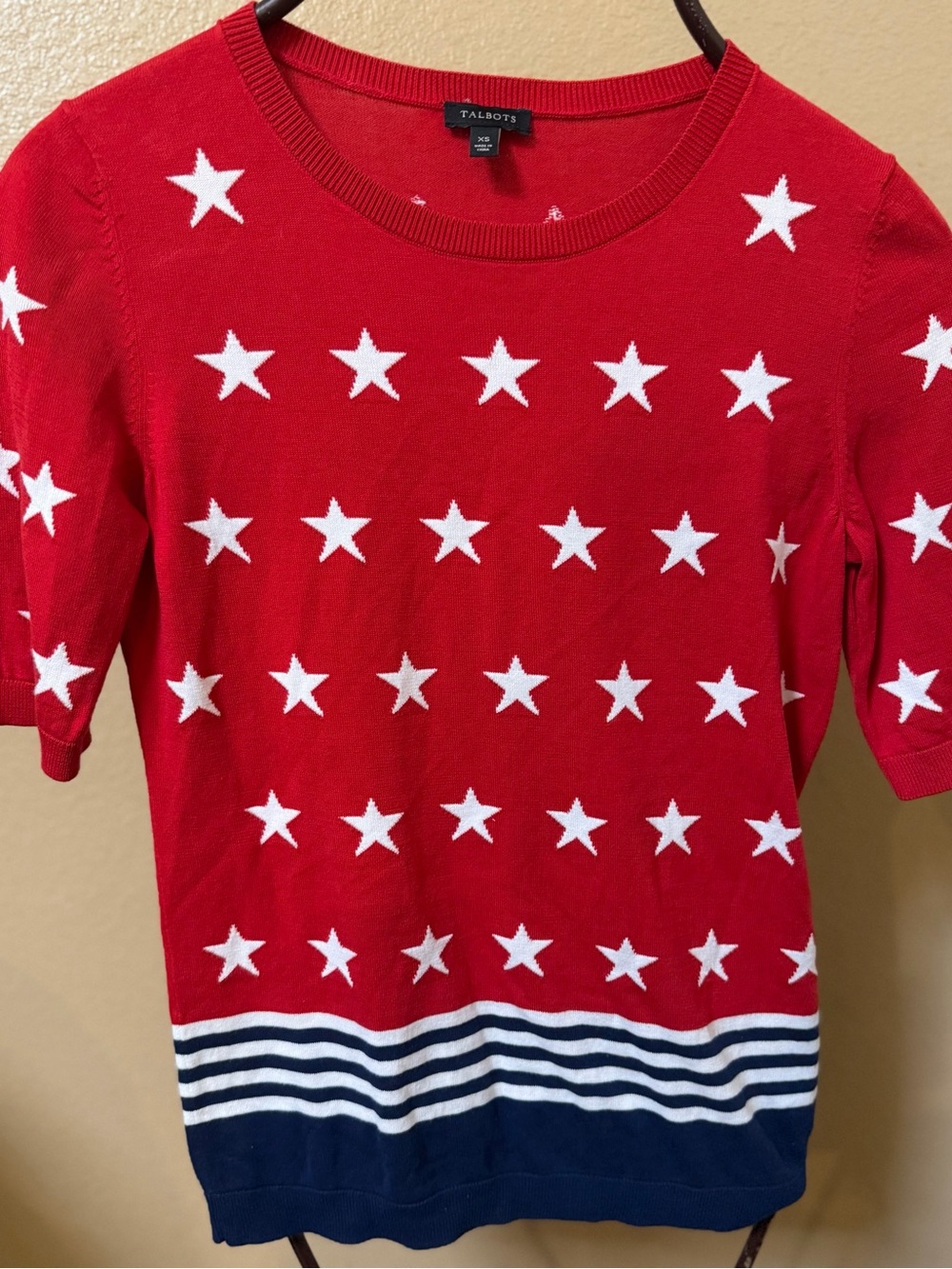 Talbots Red Short-Sleeve Star Knit Sweater with Navy Stripe Hem